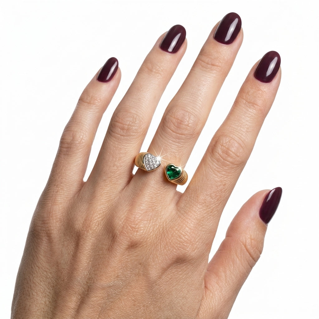Ribbed Gold Toi et Moi Heart Ring
