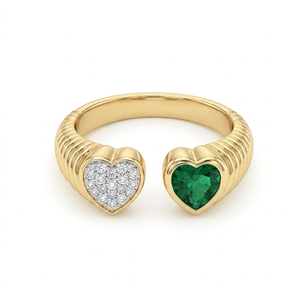 Ribbed Gold Toi et Moi Heart Ring