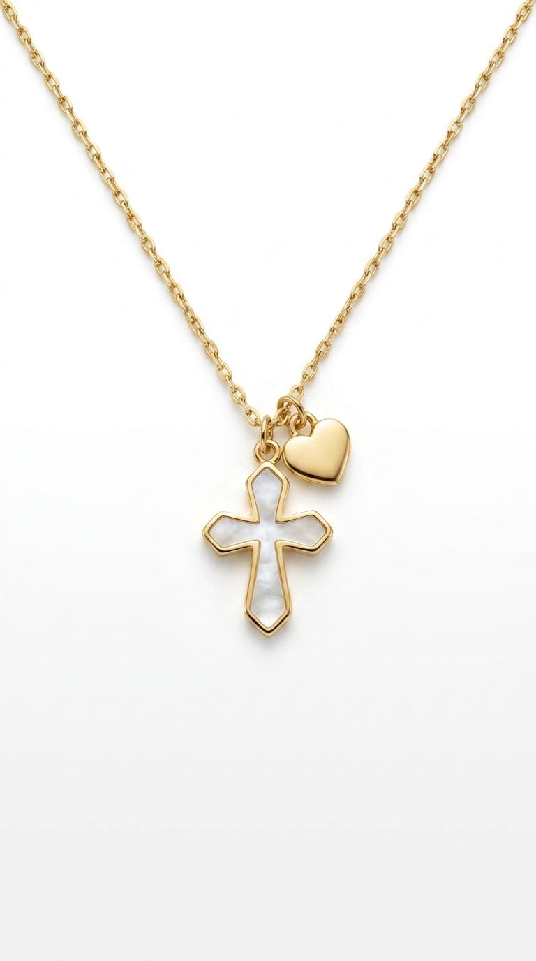 Dainty Pearl Inlay Cross & Heart Necklace