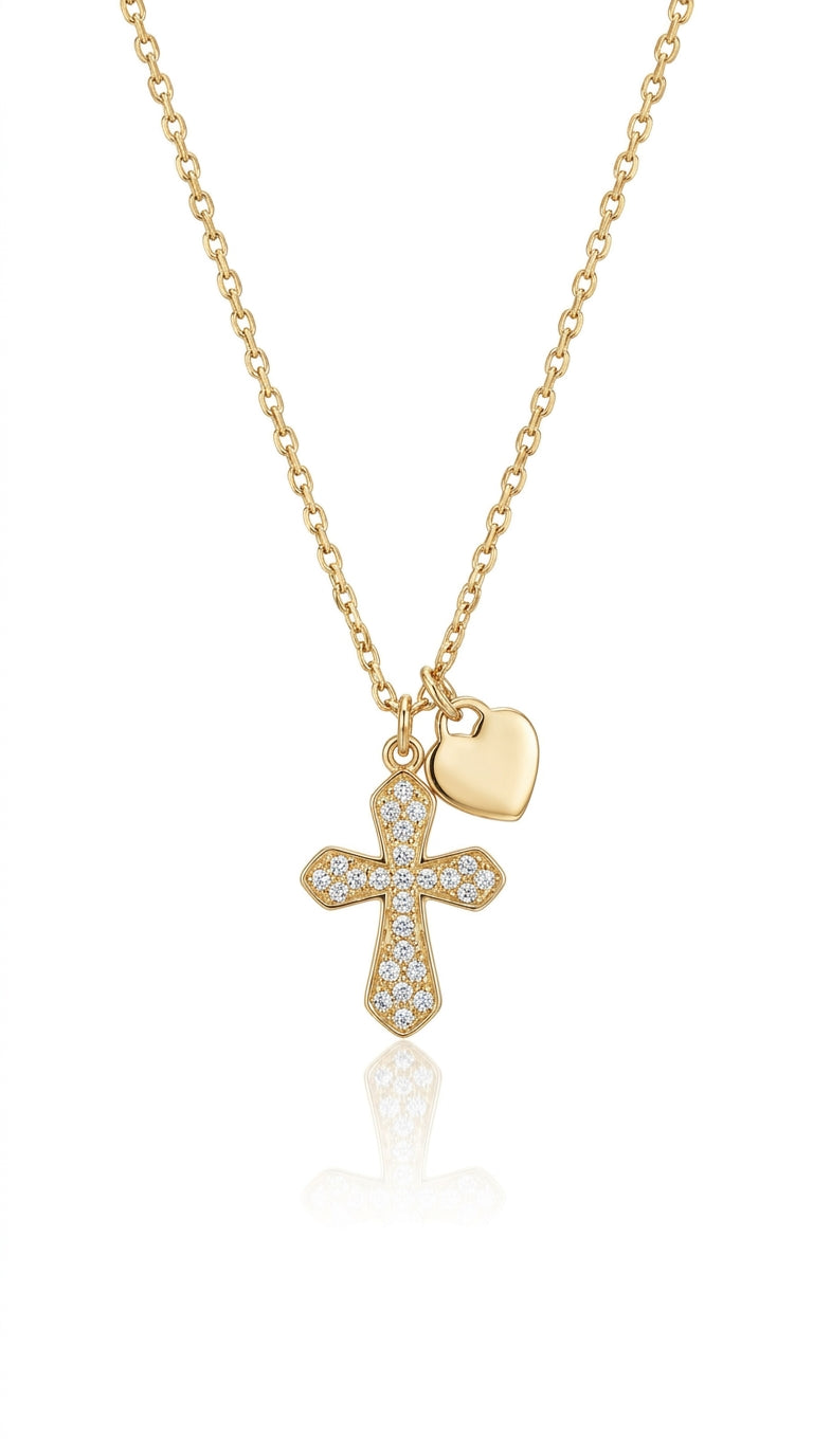 Dainty Pearl Inlay Cross & Heart Necklace