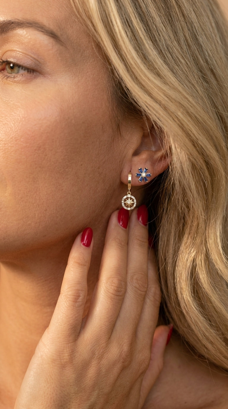 Celestial Compass & Sapphire Bloom Earrings