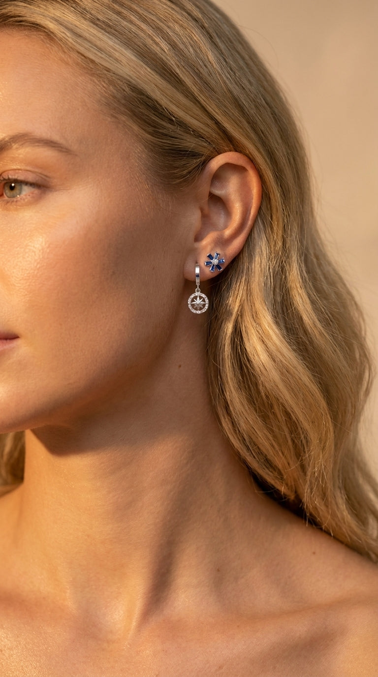 Celestial Compass & Sapphire Bloom Earrings