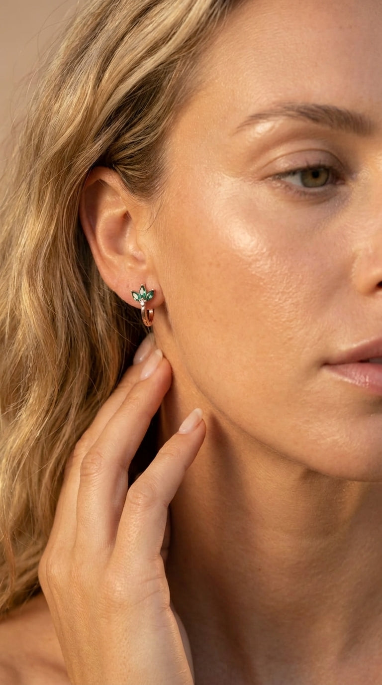 Emerald Lotus Huggie Earrings