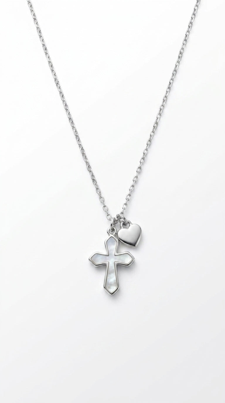 Dainty Pearl Inlay Cross & Heart Necklace