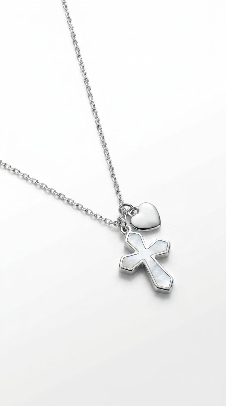Dainty Pearl Inlay Cross & Heart Necklace