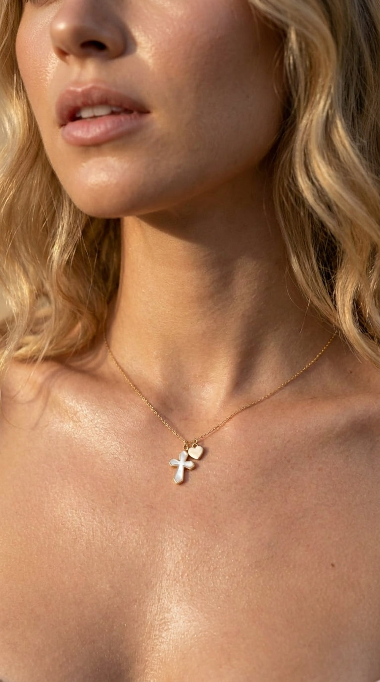 Dainty Pearl Inlay Cross & Heart Necklace