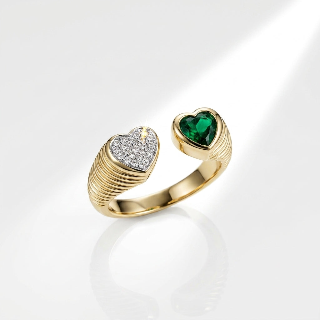 Ribbed Gold Toi et Moi Heart Ring