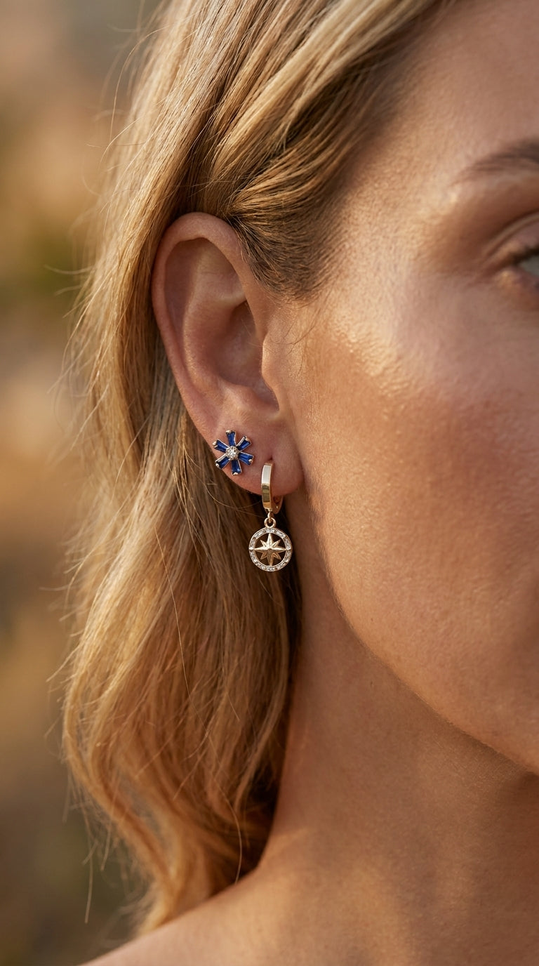 Celestial Compass & Sapphire Bloom Earrings