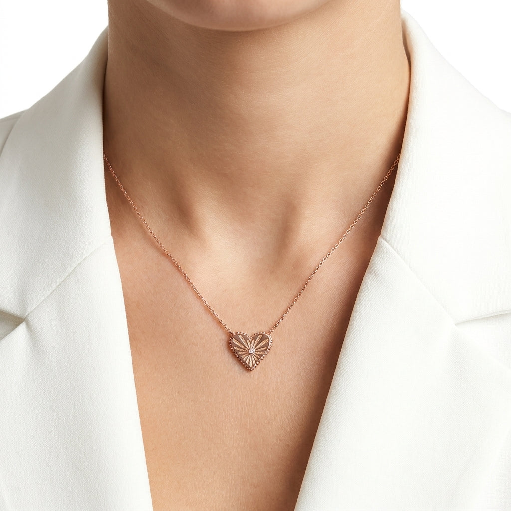 Rose Gold Sunburst Heart Necklace