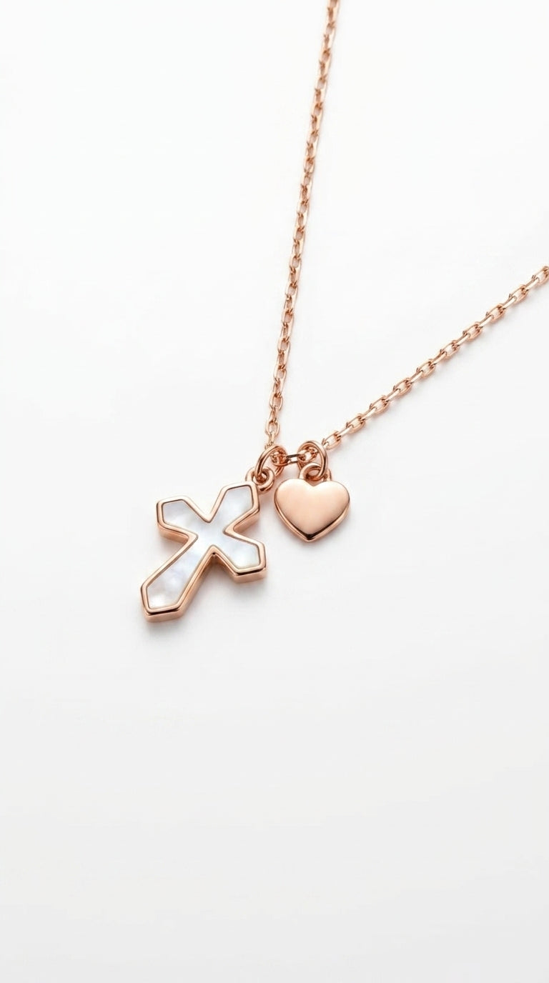 Dainty Pearl Inlay Cross & Heart Necklace