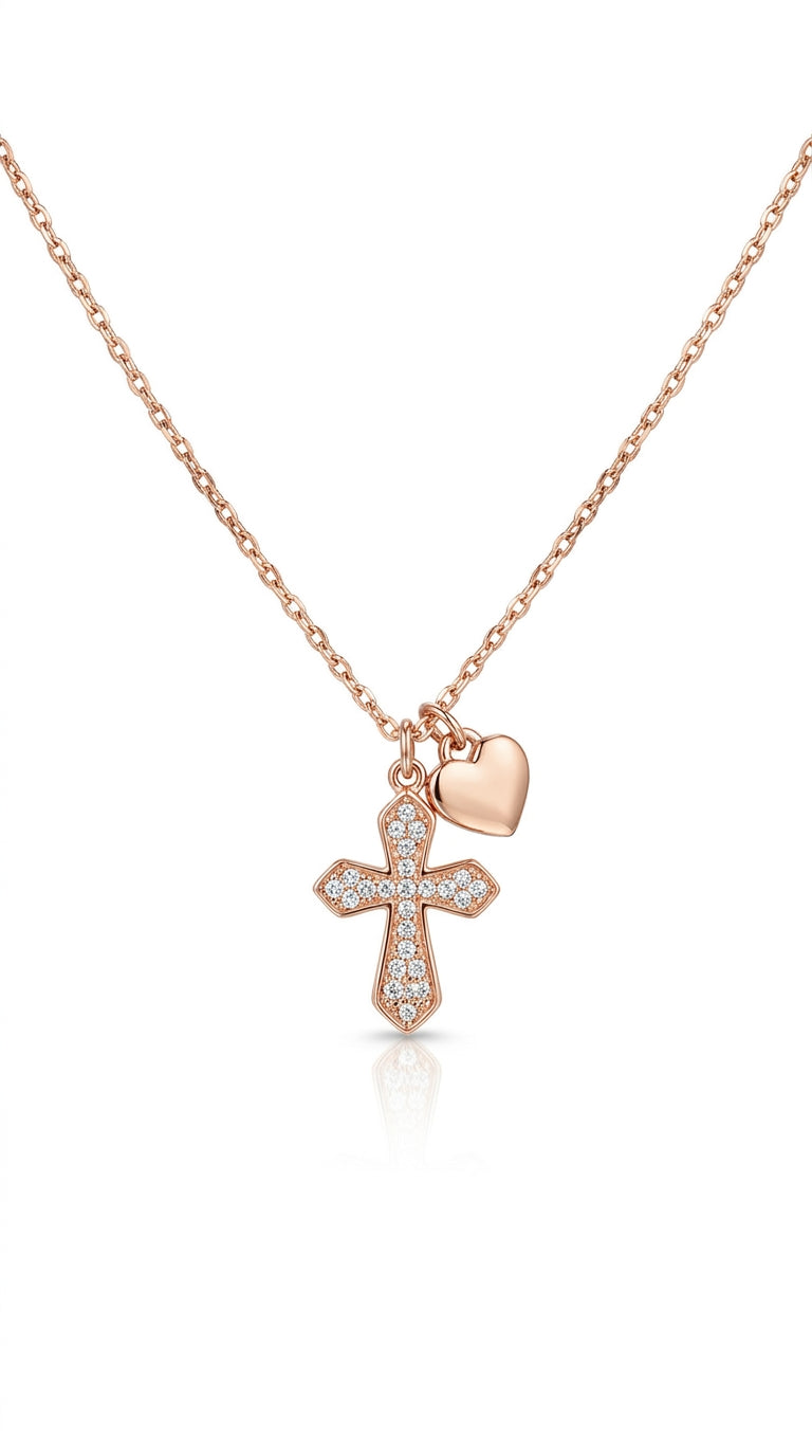 Dainty Pearl Inlay Cross & Heart Necklace