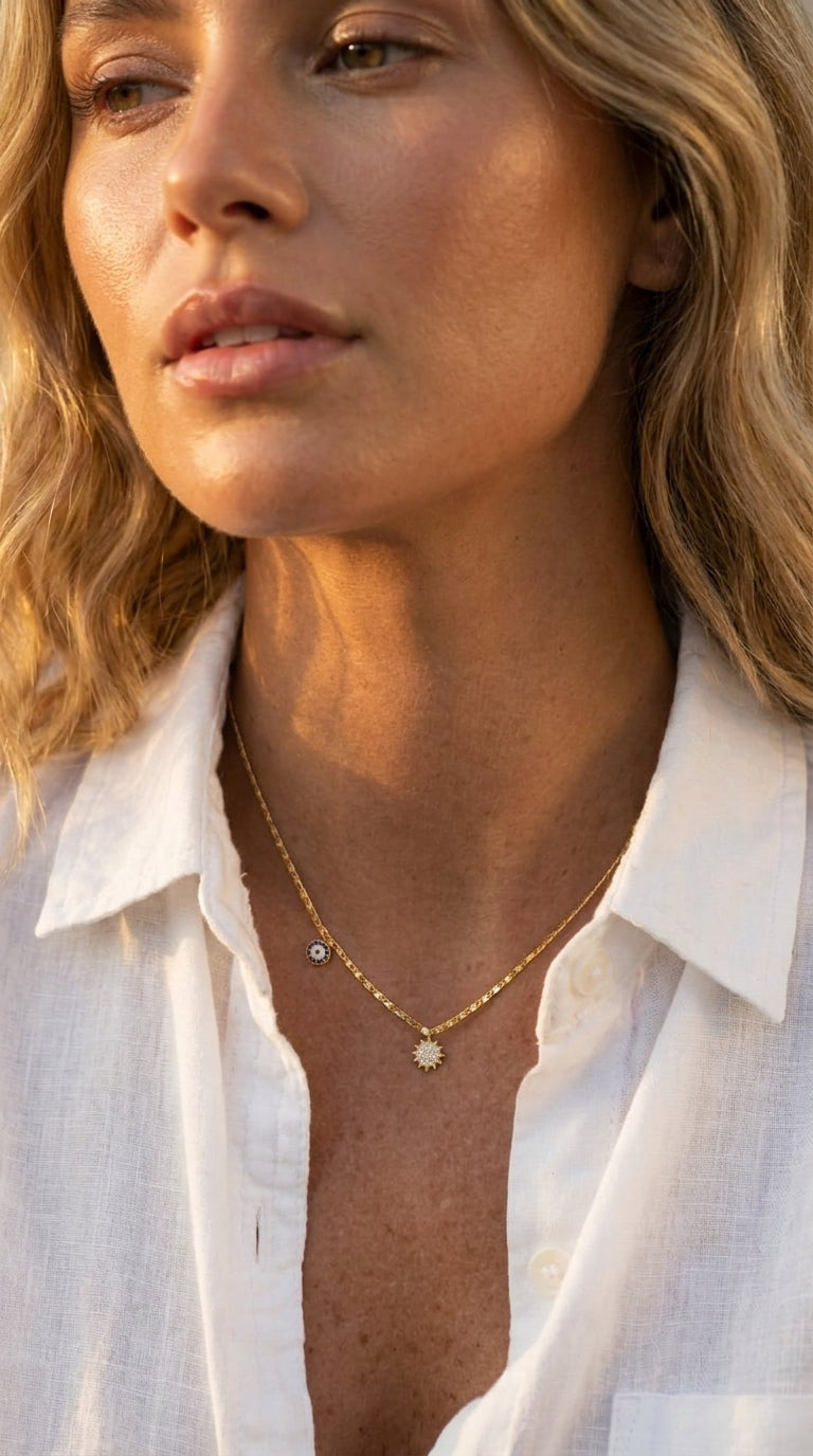Shimmering Sun & Evil Eye Station Necklace