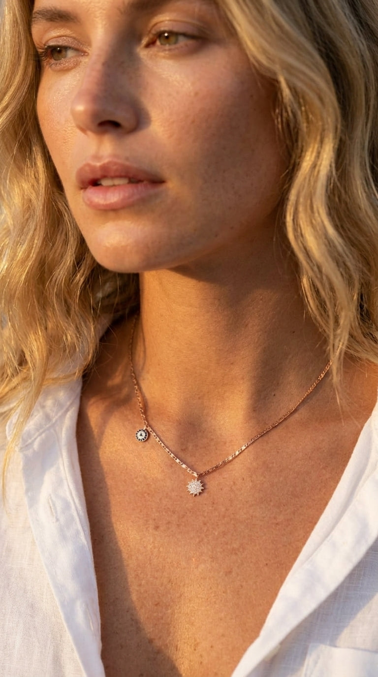Shimmering Sun & Evil Eye Station Necklace